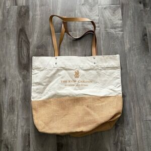 Ritz-Carlton Reynolds Lake Oconee Large Burlap Tote Bag Leather Straps‎